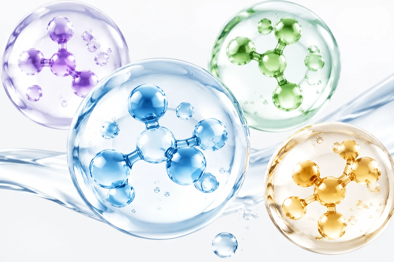 Four colorful 3D molecular structures inside translucent liquid bubbles in shades of blue, green, yellow, and purple on a light background.